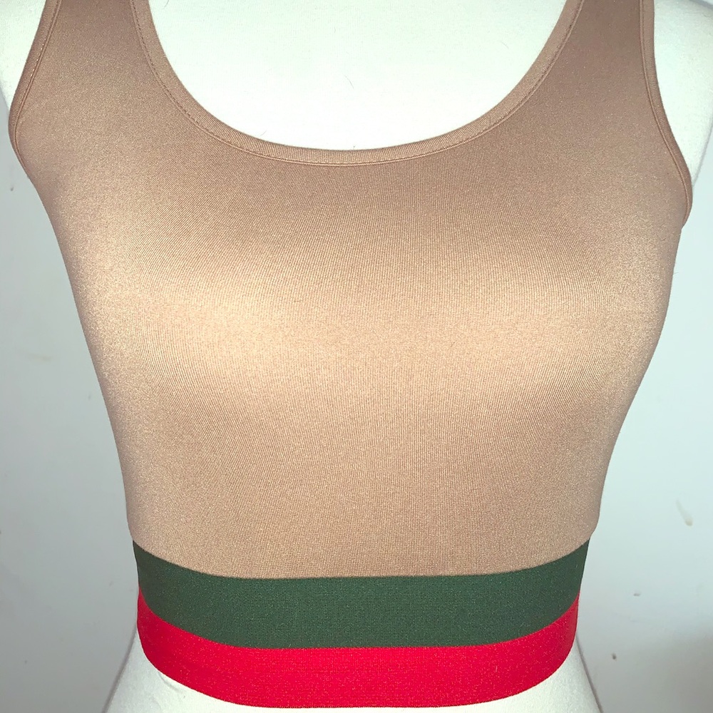 BNWT nude crop top, red green elastic trim